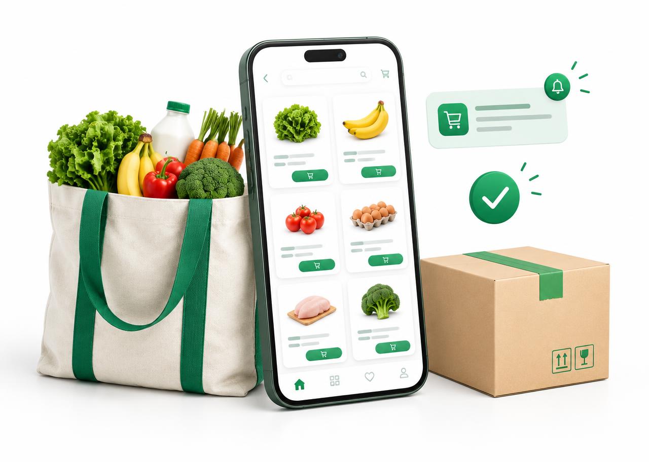 Ponsel dengan katalog toko online, tas belanja, dan paket pesanan