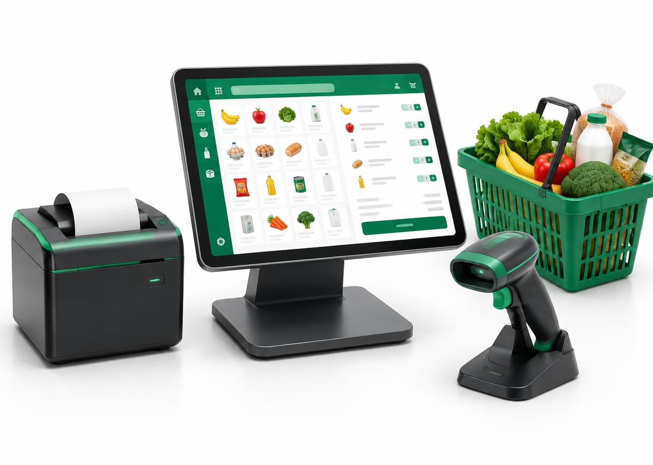 Perangkat kasir, printer struk, pemindai barcode, dan keranjang belanja